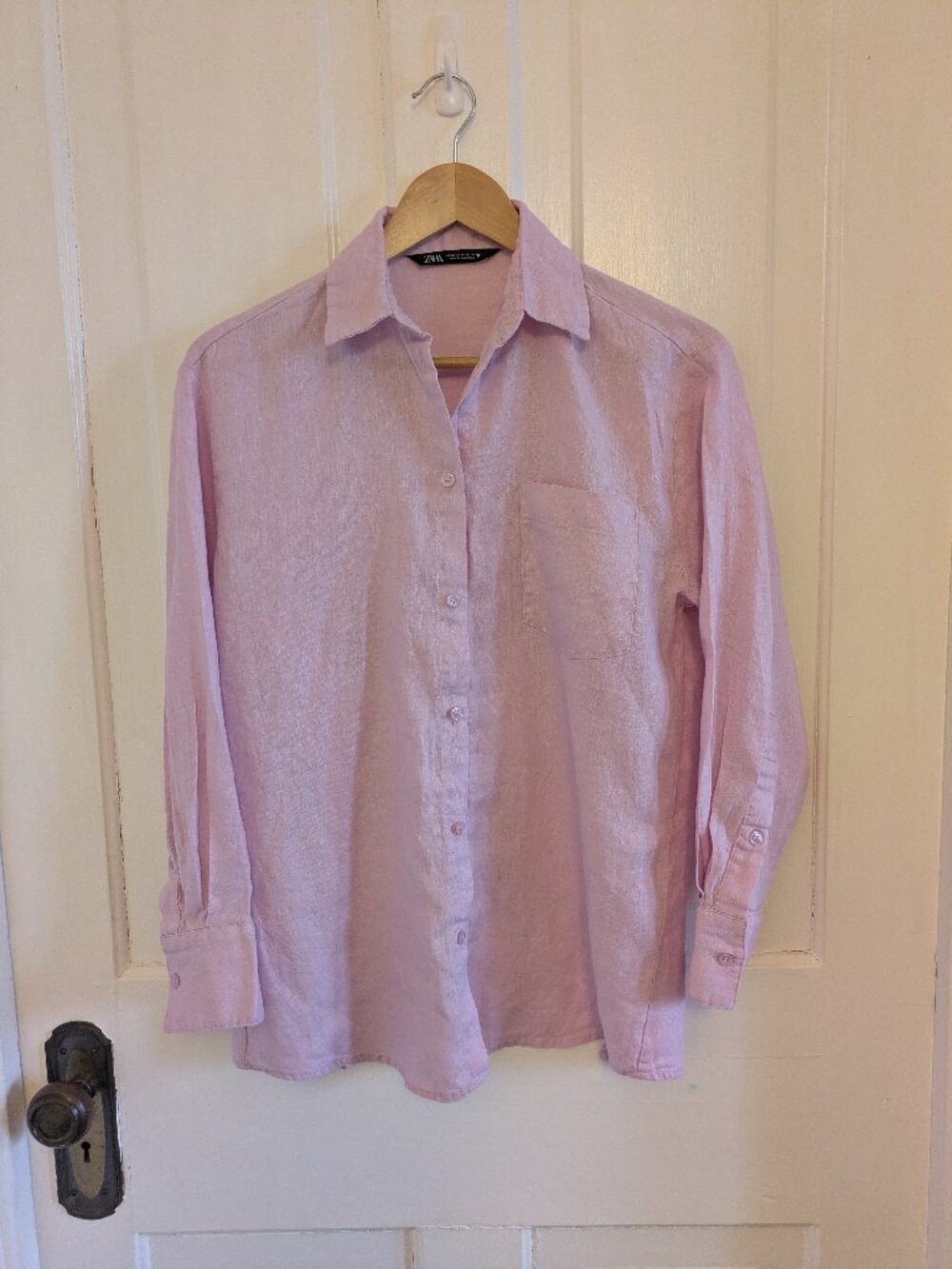 Soft Pink Zara Linen Shirt with Open Back Design Medium